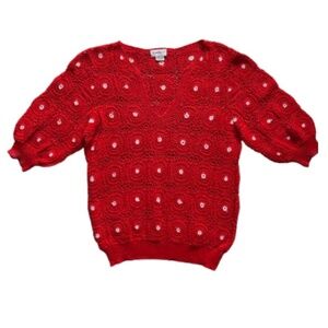 Vintage Kyouko Red Crochet Popover Short-Sleeved Sweater